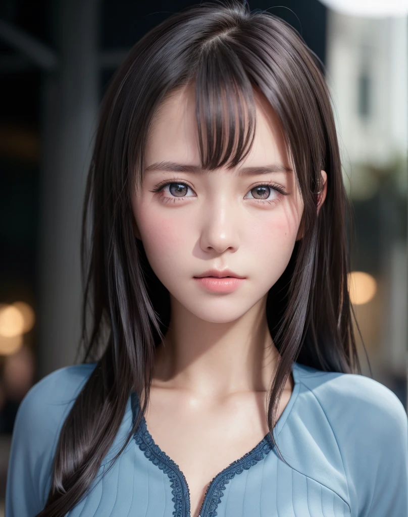 (Black Riders Jacket:1.1), (masutepiece, Best Quality, Pretty girl, Beautiful face, 8K, Raw photo, Photorealistic, absurderes:1.2), teens, Cowboy Shot, Dutch Angle, face lights, Film grain, chromatic abberation, hight resolution, ultra-detailliert, finely detail, Light blue ruffled lace dress, Detailed skin, eyes and face, Sharp pupils, Realistic pupils, Sharp Focus, Street