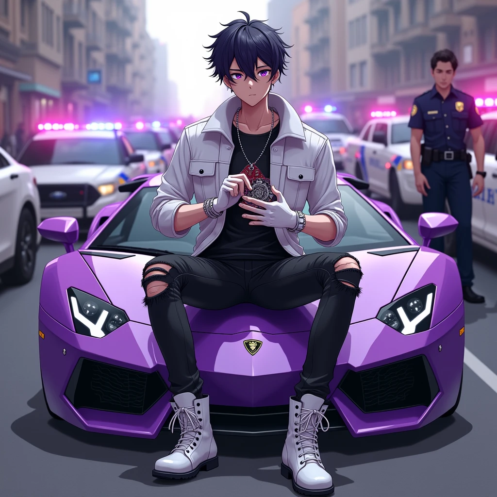 ((Hair: Black with white locks)), ((Appearance: Fair-Skinned male, around 170cm's height, lean with a little of musculature)), ((Eyes: Bright Violet)), ((Clothes: White long-sleeved jacket on top of a black shirt)), ((Under clothes: Black ripped jeans and white boots)), ((Face: Handsome, cute, young man of 20 years-old)), ((Action: Sitting on top of a car with multiple pocker cards in his hands)), ((Accessories: White fingerless glove's)), ((Facial Expression: Calm, teasing, soft blush)), ((Car: Violet, modern stiled)), ((Location: city, surrounded by police cars and officer's))