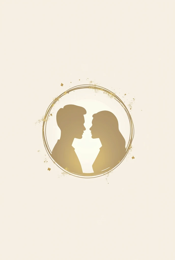 Make me a logo that has two faces in profile, just the silhouettes, one turning its back on the other, delimited by a golden circle with fine lines and light colors, aesthetic and elegant. 