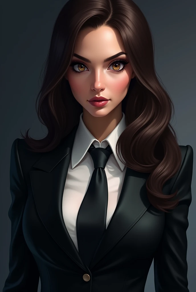 Eliza Taylor as Adagio Dazzle with black suit white shirt and black necktie black hair color brown eyes