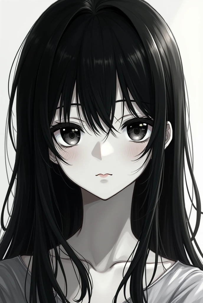 black hair girl, black eyes anime style 2d to black and white