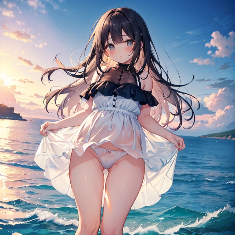 ((A plump and squishy lady:1.3)),((surprise!!:1.3)),(((Women's Lace Panties,((open crotch pantie)),transparent,Erotic lingerie,Big size,Open crotch underwear))),Highest quality、High resolution、Detailed Background、(Beautiful face in every detail:1.4)、A serene seaside scene at sunset, with a young, beautiful girl resting on a sturdy, weathered seawall. She has long, flowing black hair that gently sways in the sea breeze, and she wears a light summer dress in shades of white and pastel blue. Her expression is peaceful as she gazes out at the calm ocean, with the golden hues of the setting sun reflecting off the water. Her feet dangle over the edge of the seawall, barely touching the gentle waves below. In the background, the vast ocean stretches to the horizon, with a few distant seagulls flying above.
