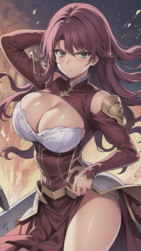 masterpiece,best quality,kim_kwang_hyun, 1girl, surcouf, large Long hair , chunky, solo, magenta colored hair, large huge breasts, looking at viewer, Green eyes, deep magenta colored hair, big boson, large huge breasts, long sleeves, dress, cleavage, closed mouth, weapon (( hand edge)), puffy sleeves, arm up, clothing cutout, copyright name, red dress, cleavage cutout, juliet sleeves , power armor, shoulder armor, deep magenta colored hair, green eyes, angry eyes