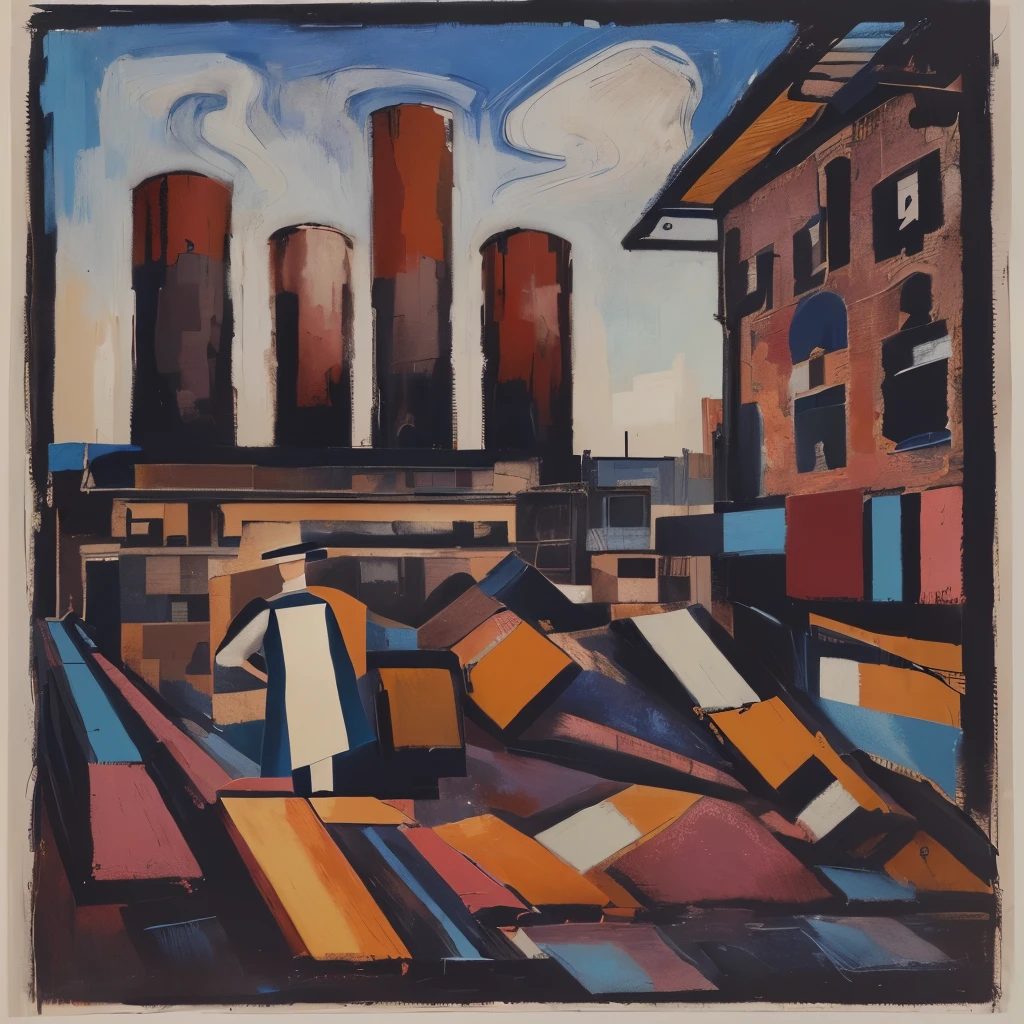 A painting of a man standing with his dog in front of a factory, Inspired by David Bomberg, Inspired by Fernand Léger, Inspired by Erich Haeckel, inspired By Marsden Hartley, Carl Schmitt＝Inspired by Rottorf, By Marsden Hartley, Inspired by Max Beckmann, Inspired by Robert Zund, Inspired by Max Pechstein