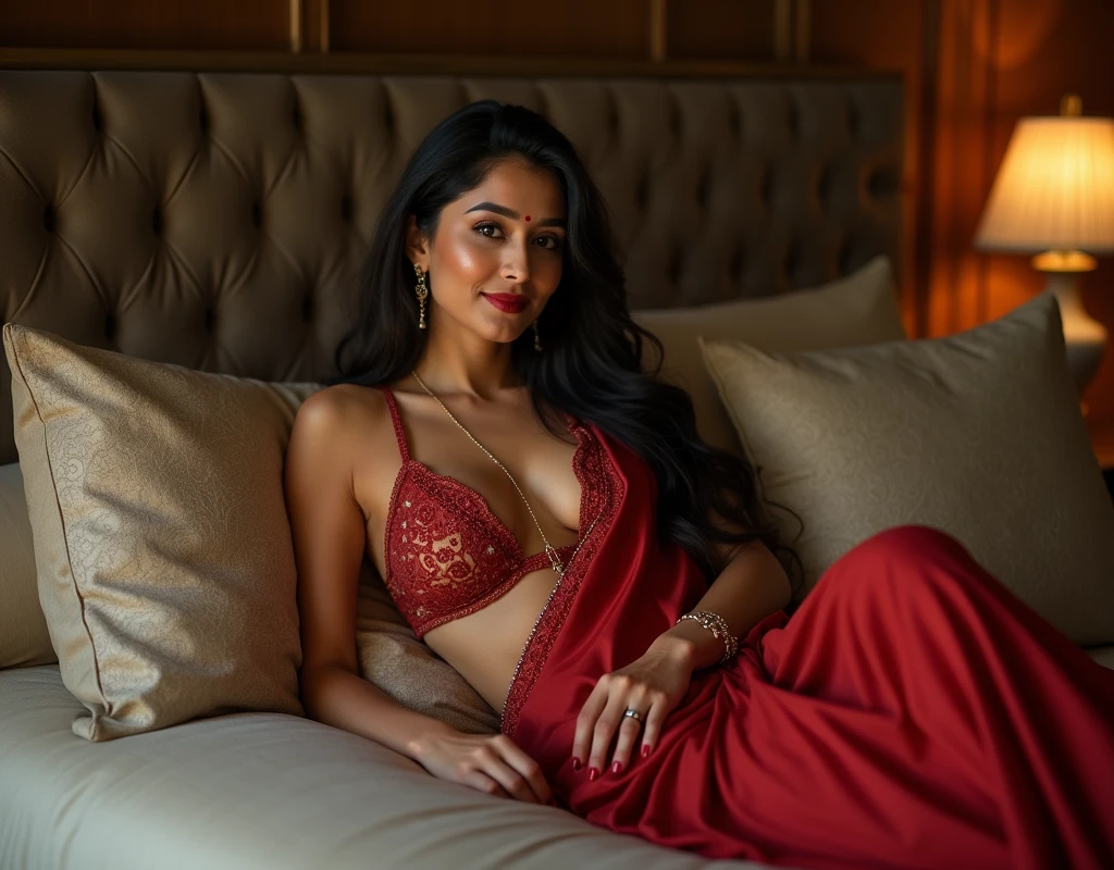Ultra realistic photo of keerthi Suresh amature indian women with mysterious smile and long hair style and biggest size swooping brest (boobs) and deep clevage and wears a saree with hot & sexy blouse and thin long body chain (laid inside the clevage)and sleeps on the biggest bed and doing different poses and capture in different angles in the bedroom and the subjects hair and skin tone is highlighted using natural realistic lighting and capture using high resolution camera in RAW format and full body image; the age should be ( 40 year old amature Indian woman)
