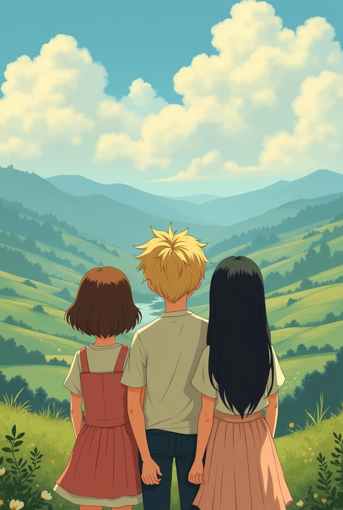 Two girls and a boy looking at a landscape, the first girl has short brown hair down to her shoulders, the second has long black hair down to her waist and the boy has tall blond hair.
