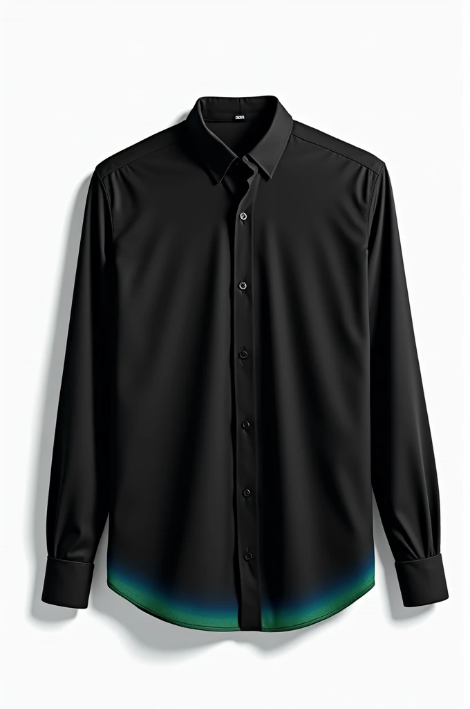 create a black shirt with a white background, just the shirt. with the hem of the sleeves and the collar in blue pulling towards green.