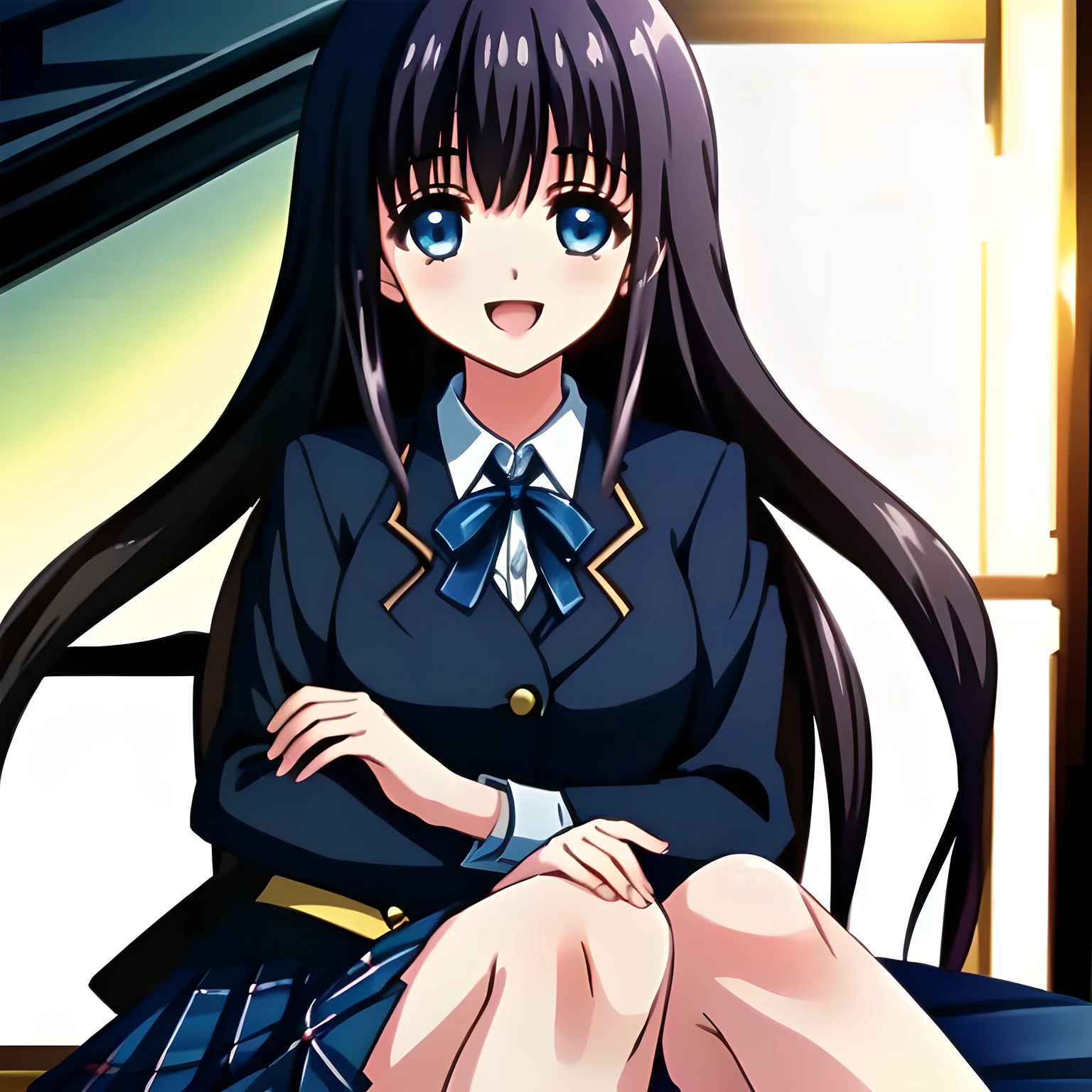 (highest quality, masterpiece, Full HD, High definition: 2.0), (Japanese Game CG art of beautiful giggling seated girl, charming me: 1.3), (Just one very beautiful date-game heroine who is looking and laughing at me, Very detailed cute **** heroine's eyes and face, Beautiful eyes with detailed: 1.0),  (Girl whom everyone loves because of her beauty and lovely fashion and noble manner. : 1.0),  (Very beautiful, wavy, cutely shining super-super-long blue hair, with elegant hair ribbons, spreading on whole the screen: 1.0), (Laughing very beautiful and lovely sapphire-blue intelligent eyes which charms and enslave me inevitably, with clearly detailed: 1.4), (Shining clear eyes are really clearly detailed: 1.2), (very long eyelashes: 1.0), (Noble black neat sailor-styled formal school uniform with a noble expensive ribbon on the chest: 1.0), (Charming neat blue & navy tartan-checkered pleated long school skirt: 1.5),  (Soprano singer of classic music: 1.0), (Can't stop giggling madly: 1.6), Clear skin