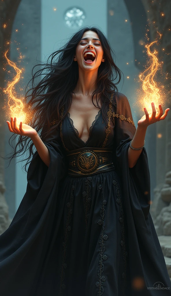 Create a semi-realistic and stylized image of a powerful and stunning witch with an intense, mocking laugh. She should appear young and beautiful, with luminous skin and long, shiny hair in a deep tone like black or red. The witch is wearing an elegant and sophisticated cloak adorned with magical details such as runes or esoteric symbols. She is casting magic, with a glowing aura and magical energy beams emanating from her hands, creating enchanting shapes around her. The background should be mystical and intriguing, with subtle magical effects, emphasizing the witch’s power and beauty while her laugh adds a touch of irony and control.