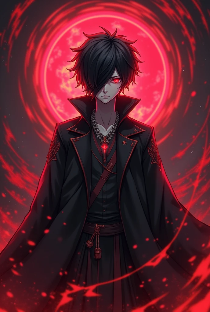 Anime boy god of death, Black hair, covering his left eye, blood red color 