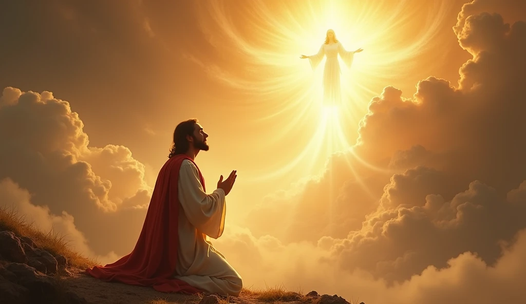 Jesus Christ praying and being enlightened by the presence of the holy spirit