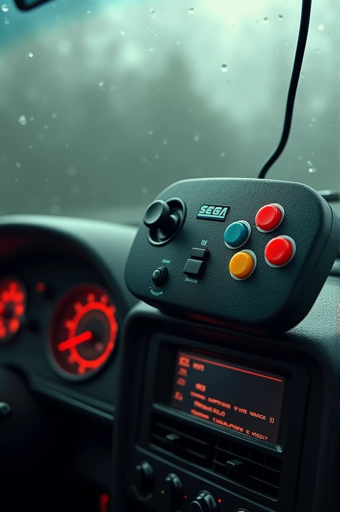 A Mega Drive video game controller with 3 colored buttons and a wire connecting to the screen of an old car dashboard. Rainy and cloudy sky on car window