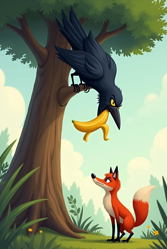 A crow sitting on a tree branch looking down on a fox, the crow has a banana on its mouth, the crow is biting on the banana, there is only one banana, there are no multiple banana and only one banana, there is a fox under the tree crow is sitting on, the fox is looking towards the crow with a smug expression, the fox does not has a banana, the fox is not on a tree, the fox is on the ground, there is only 1 fox, there is only 1 crow, the crow has its mouth closed as it is biting the banana, the crow face is looking towards the fox, the tree the crow is sitting is tall, the fox is a bit far away from the crow since the crow is sitting on a tall tree. the crow is biting the banana, the banana is on the crow's beak. (the crow expression looking angry towards the fox), (the crow is facing right and the fox is facing left),((the crow is sitting on a tree branch)), (the crow's mouth is opening wide), ((the banana looks like it is falling from the crow))