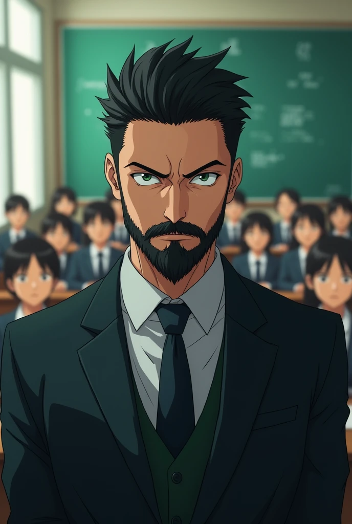 This teacher&#39;s appearance was intimidating.,He was a person of average height and body.,green eyes like most people in the classroom and his short but well-groomed black hair, It matched his beard, which was very well defined. , In my opinion, he took great care of his appearance., anime style
