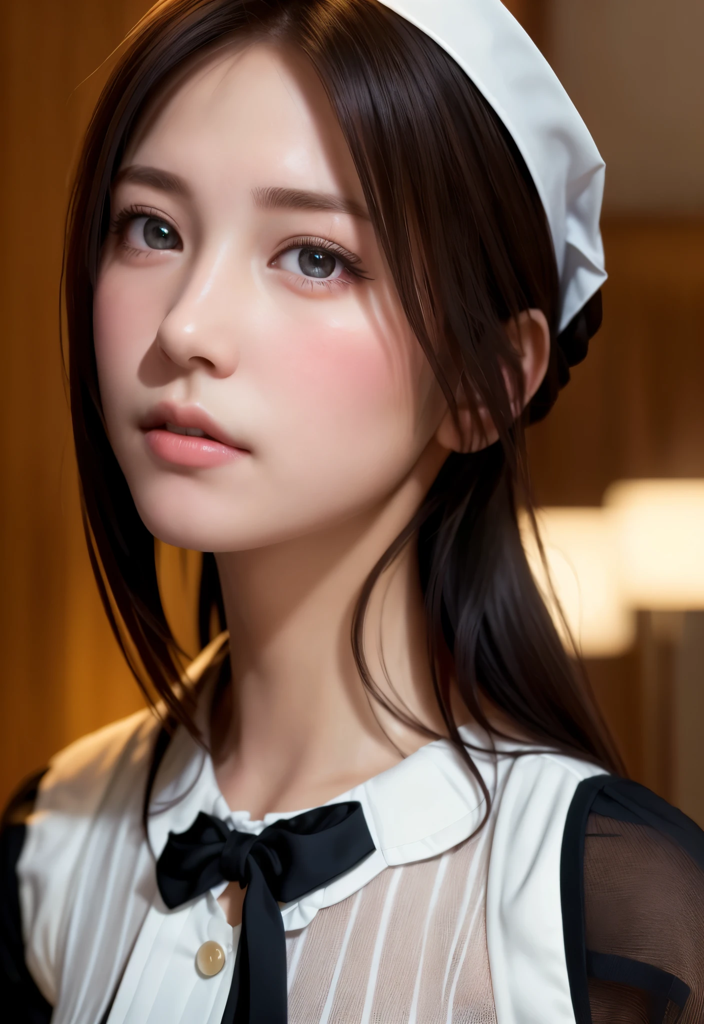 8K, of the highest quality, masutepiece:1.2), (Realistic, Photorealsitic:1.37), of the highest quality, masutepiece, Beautiful young woman, Pensive expression, Thoughtful look, Cute Maid Clothes, Hair tied back, Messy mood, Cinematic background, Tired, Light skin tone
