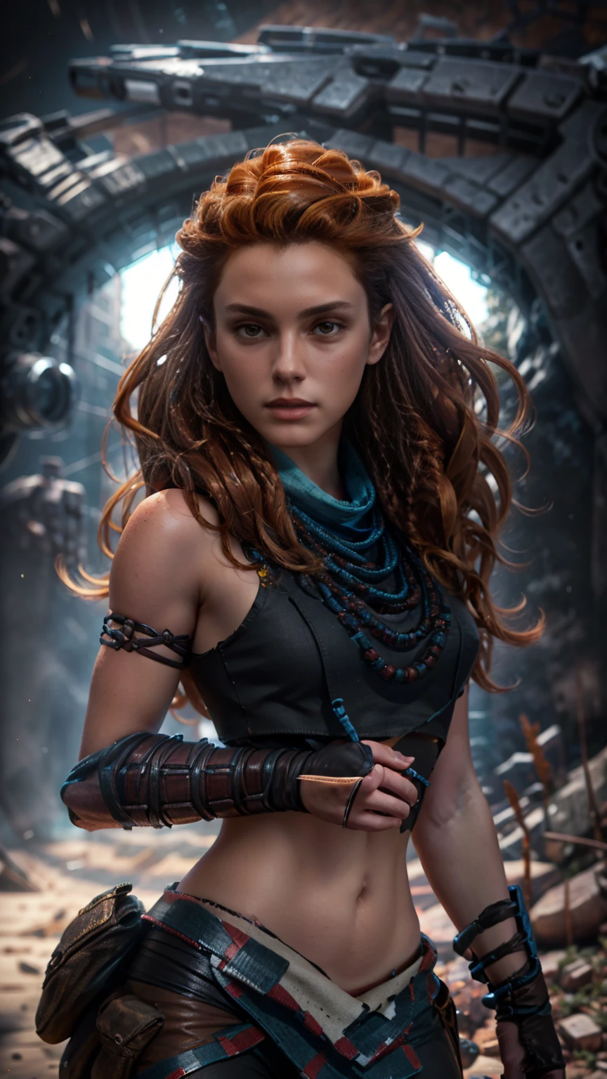 beautiful detailed eyes, beautiful detailed lips, extremely detailed eyes and face, long eyelashes, 1girl, cosplay, Kim Possible cosplays as Aloy from Horizon games, intricate detailed costume, high quality 3D render, cinematic lighting, photorealistic, hyper detailed, vibrant colors, warm lighting, dramatic pose, dynamic action, epic fantasy