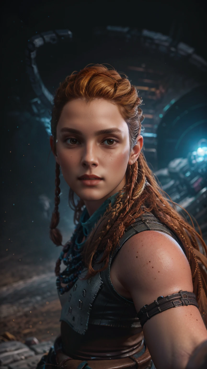 beautiful detailed eyes, beautiful detailed lips, extremely detailed eyes and face, long eyelashes, 1girl, cosplay, Kim Possible cosplays as Aloy from Horizon games, intricate detailed costume, high quality 3D render, cinematic lighting, photorealistic, hyper detailed, vibrant colors, warm lighting, dramatic pose, dynamic action, epic fantasy