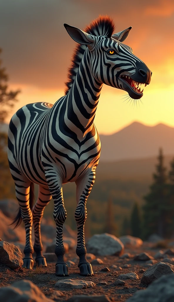 This is a digital image of the body of a zebra with the head of a white-toothed viper walking on rocky ground. The viper is facing the right side of the image, with its mouth wide open, releasing sharp teeth and sharp claws. And its eyes are yellow. The background is a dark orange sky from sunset. The land is covered with rocks and boulders and there are some trees and mountains in the distance. The general feeling of the image is fierce and powerful.