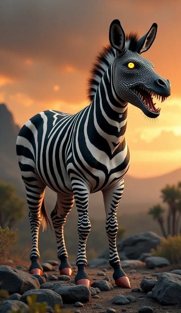 This is a digital image of the body of a zebra with the head of a white-toothed viper walking on rocky ground. The viper is facing the right side of the image, with its mouth wide open, releasing sharp teeth and sharp claws. And its eyes are yellow. The background is a dark orange sky from sunset. The land is covered with rocks and boulders and there are some trees and mountains in the distance. The general feeling of the image is fierce and powerful.
