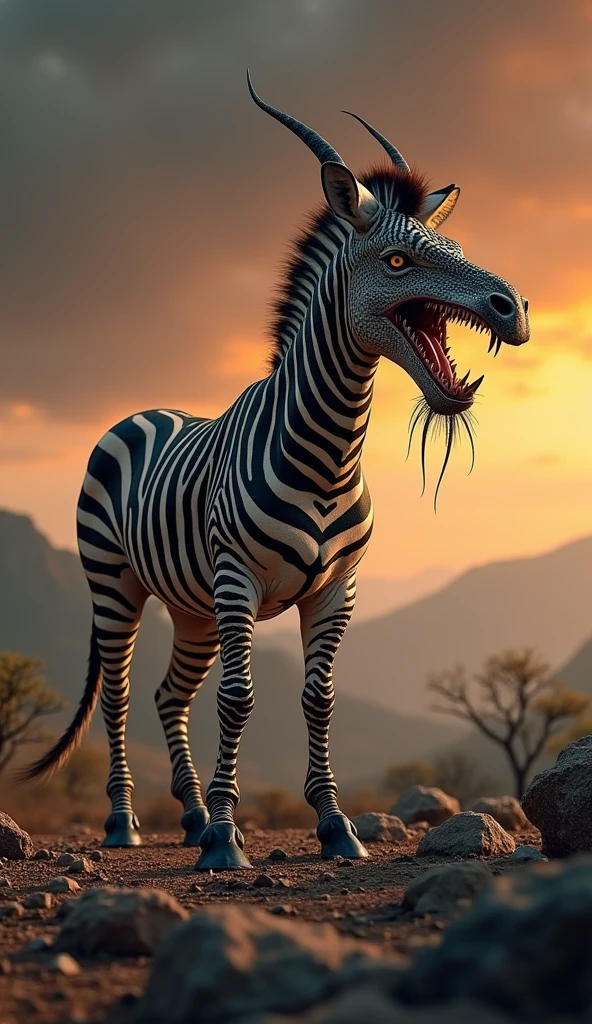 This is a digital image of the body of a zebra with the head of a white-toothed viper walking on rocky ground.   The viper is facing the right side of the image, with its mouth wide open, releasing sharp teeth and sharp claws.  And its eyes are yellow.   The background is a dark orange sky from sunset.   The land is covered with rocks and boulders and there are some trees and mountains in the distance.   The general feeling of the image is fierce and powerful.