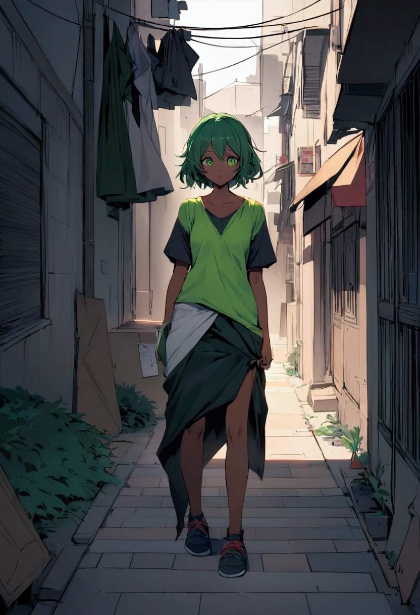 Homeless young girl with a slim, athletic figure, marked by the need to survive in a harsh city. Her hair is short and vibrant green, Her eyes are deep green, Her skin is fair, she lay on the streets between papers, wears broken homeless clothes that show part of her body 