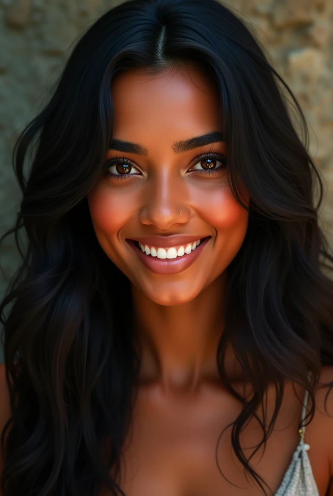 an indigenous Brazilian woman,with long black hair, small black eyes,reddish skin color, delicate features charming smile 