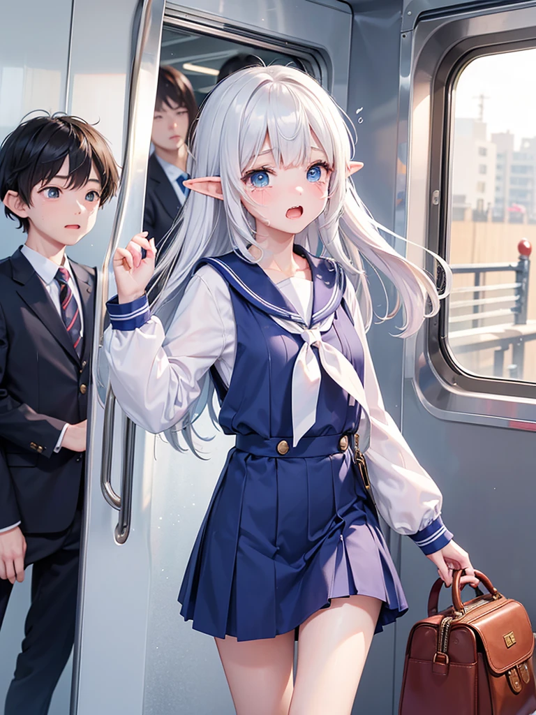 high quality, 8k.　masterpiece, 最high quality, High resolution,８hair, High resolution, in the train、Elf girl in sailor suit、Are crying、(((She hit the man in the face with her bag。.))),