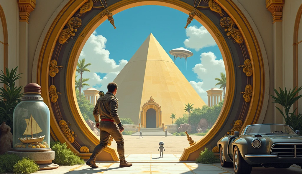 Un homme avec des vêtements futuristes pousse des deux mains des portes futuristes  avec des figures géométriques de couleurs différentes sur la porte et devant lui une pyramide avec de l'herbe et des animaux ,le tout ressemblent à la peinture que j'ai publié et un robot et à côté devant une des portes et le personnage caucasien avec un Péroqué sur l'épaule et un aspect baroque est légèrement ajouté une soucoupe volante est ajouté et un extra terrestre petit gris,le personnage se tient droits les jambes légèrement écartées en poussant les portes il y a des mécanismes et horlogerie sur les portes et une voiture ancienne améliorée venus du futur ajouté une grande bouteille d'eau avec un bateau sur l'eau dans la bouteille et des poissons tout les détails son de la description sont dans l'image 