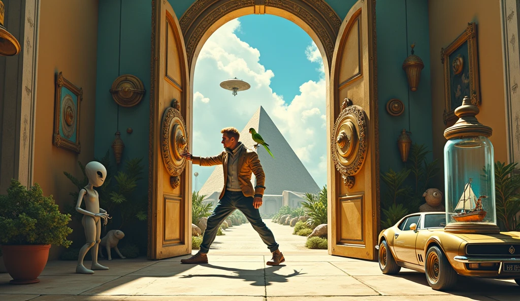 Un homme avec des vêtements futuristes pousse des deux mains des portes futuristes  avec des figures géométriques de couleurs différentes sur la porte et devant lui une pyramide avec de l'herbe et des animaux ,le tout ressemblent à la peinture que j'ai publié et un robot et à côté devant une des portes et le personnage caucasien avec un Péroqué sur l'épaule et un aspect baroque est légèrement ajouté une soucoupe volante est ajouté et un extra terrestre petit gris,le personnage se tient droits les jambes légèrement écartées en poussant les portes il y a des mécanismes et horlogerie sur les portes et une voiture ancienne améliorée venus du futur ajouté une grande bouteille d'eau avec un bateau sur l'eau dans la bouteille et des poissons tout les détails son de la description sont dans l'image 