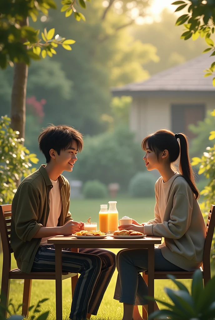 A young man shorty black messy haircut, wear t-shirt jacket strip jeans pant, sit down while crossed both legs in chair outdoor yard ordinary house him, on beside him a young beauty woman ponytale hair, coffee mix, fried cake, milk juice pack, all in table both of them is feeding together, facial forward, natural, thin smoke, sweetly smile, morning, lighting lamp, leafy plants around his house, fresh the air, real hyper realistic, real human japanese, UHD 8k, detailed photo, perfect face, detailed places, landscape, full body, photo was taken from a distance on outdoor yard ordinary house him