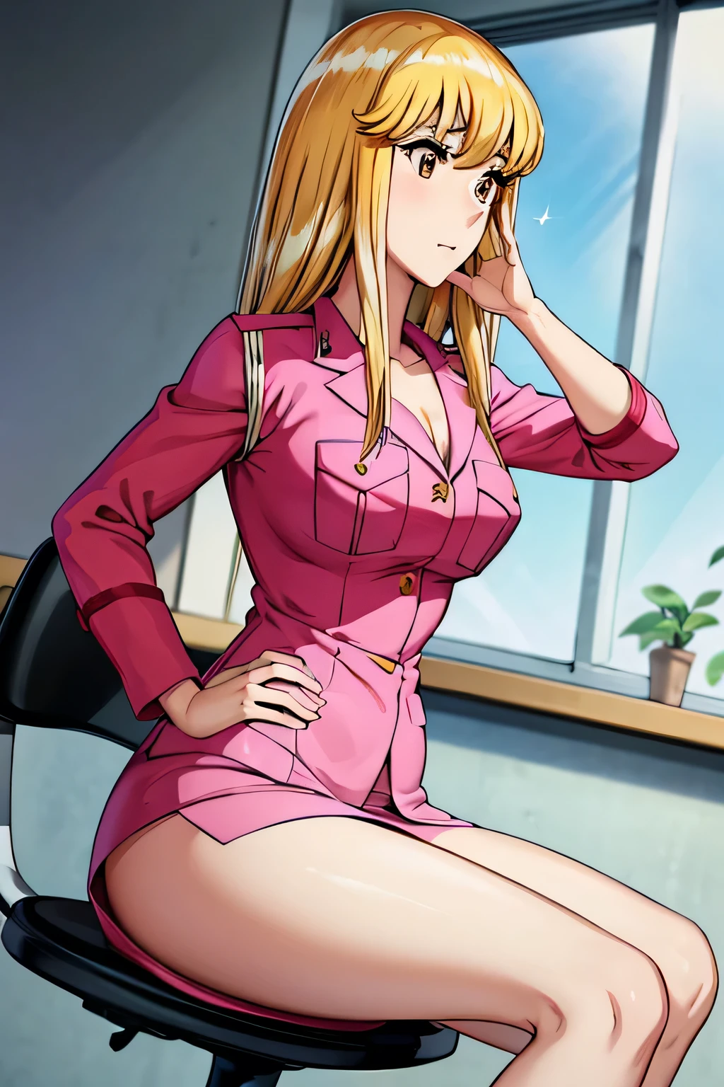 nsfw:1.5, 10 heads, anime style, female police officer, (female police officer), pink uniform, pink high heels, ultra short mini skirt, erect nipples, cleavage, (beautiful sagging height and weight: 1.5), (mature woman), Reiko Naka, blonde, (brown eyes: 1.2),, (medium: 1.5), shiny, hair, ((alone)), ((masterpiece)), ((highest quality)), perfect anatomy, slender waist, perfect image, 8k ultra-high definition, (attention to detail: 1.5), the bottom of the face is highly detailed, sitting on an armless office chair, revealing fair and slender legs. :1.1), one hand raised to wave (palms open and together), (one hand wearing a white elbow latex glove), the other hand on the knee, super detailed, ridiculous, high definition, (shiny hair), background teacher's office, ((close eyes) subtle)), message, side view