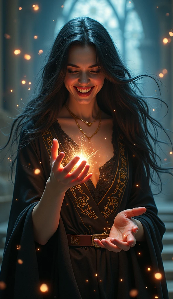 Create a semi-realistic and stylized image of a powerful and stunning witch with an intense, mocking laugh. She should appear young and beautiful, with luminous skin and long, shiny hair in a deep tone like black or red. The witch is wearing an elegant and sophisticated cloak adorned with magical details such as runes or esoteric symbols. She is casting magic, with a glowing aura and magical energy beams emanating from her hands, creating enchanting shapes around her. The background should be mystical and intriguing, with subtle magical effects, emphasizing the witch’s power and beauty while her laugh adds a touch of irony and control.