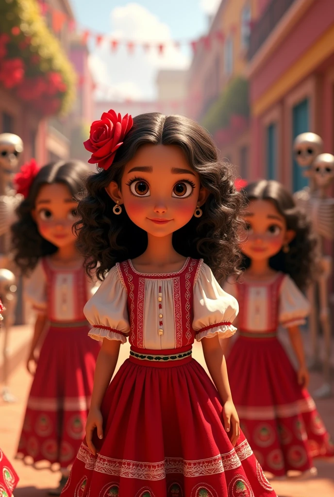 Three girls dressed alike in a red dress, skirt and white top in the Mexican mariachi style, the middle child medium hair ,up to the shoulder with lots of curls and a red rose on the head holding it , eyes browns , skin fair , the other two children at the end , gêmeas loiras cabelos amarelos eyes browns e skin fair com o fundo do filme viva a vida é uma festa da Disney Pixar com caveirinhas mexicanas dançando