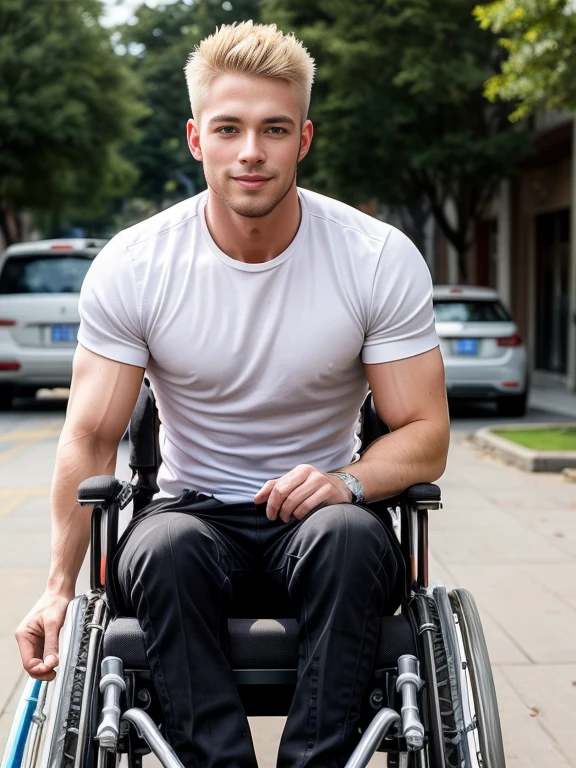 Handsome blond man, He is a wheelchair user, is sitting in a wheelchair with his hand on the wheels, paralyzed legs, athletic body, he has a handsome boyfriend by his side