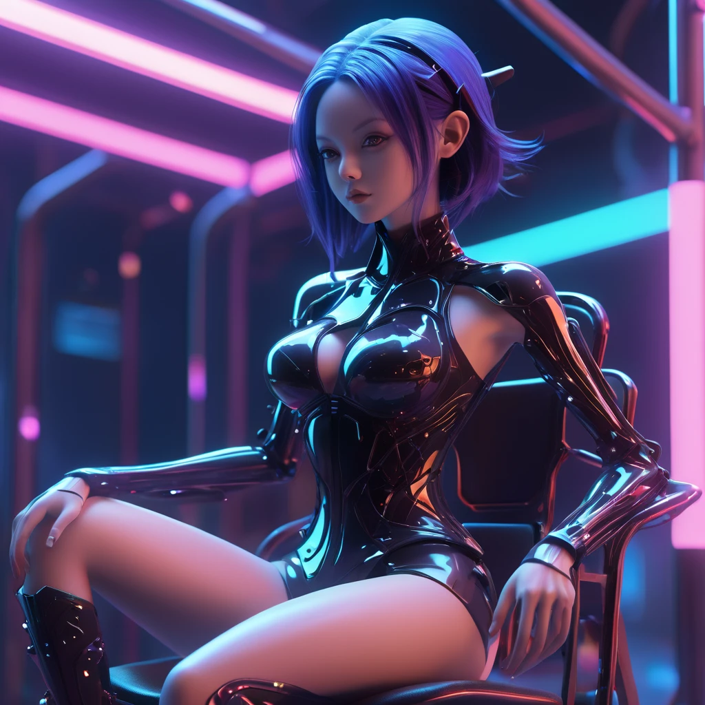 a 15 old in a bikini top and shorts sitting on a chair, 3 d neon art of a cyberpunk frog, s cifi character render, 3 d render stylized, 3 d render beeple, stylized 3 d render, style of starfinder, scifi character, rolands zilvinskis 3d render art, rendered in 紫粉 shift, colored z brush render