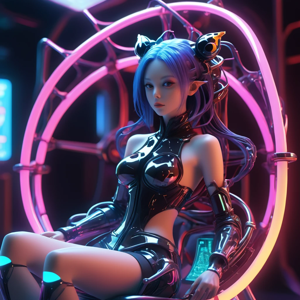 a 15 old in a bikini top and shorts sitting on a chair, 3 d neon art of a cyberpunk frog, s cifi character render, 3 d render stylized, 3 d render beeple, stylized 3 d render, style of starfinder, scifi character, rolands zilvinskis 3d render art, rendered in 紫粉 shift, colored z brush render