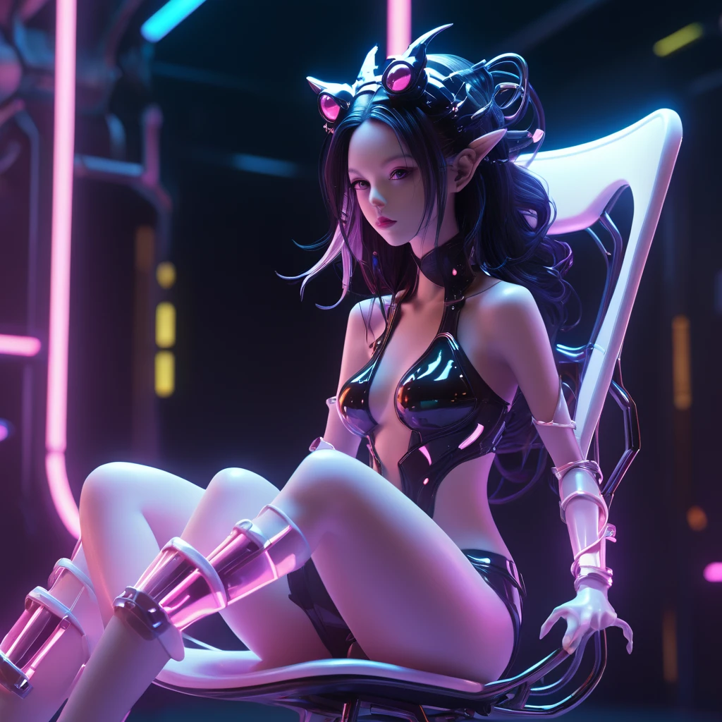 a 15 old in a bikini top and shorts sitting on a chair, 3 d neon art of a cyberpunk frog, s cifi character render, 3 d render stylized, 3 d render beeple, stylized 3 d render, style of starfinder, scifi character, rolands zilvinskis 3d render art, rendered in 紫粉 shift, colored z brush render