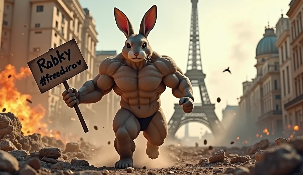 Rocky Rabbit destroys the city of Paris with her six-pack body, buildings collapse due to the power of Rocky Rabbit, dust and smoke rise and the Eiffel Tower catches fire, Rocky Rabbit has a sign in her hand that says #FREEDUROV