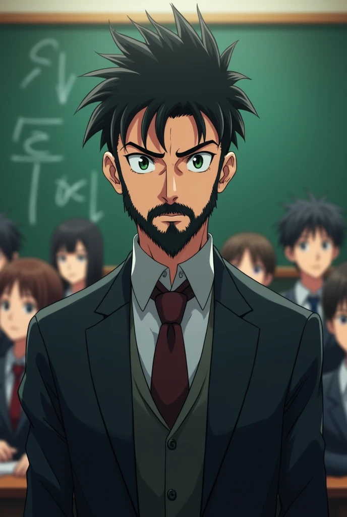 This teacher&#39;s appearance was intimidating.,He was a person of average height and body.,green eyes like most people in the classroom and his short but well-groomed black hair, It matched his beard, which was very well defined. , In my opinion, he took great care of his appearance., anime style
