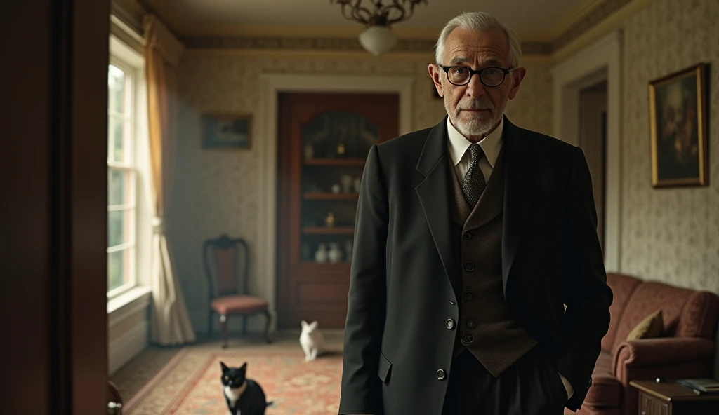 An elderly man named Edgar Cayce, with a serene and contemplative expression, is thin. He has short, dark hair, a little gray, no beard, and wears a classic 1930s suit, with small, square prescription glasses and a discreet tie. Cayce is standing and walking a cat in a large house with 2 cats. The soft, diffuse lighting highlights his face, conveying an aura of wisdom and introspection. The scene has a nostalgic and mysterious tone, reflecting the enigmatic character