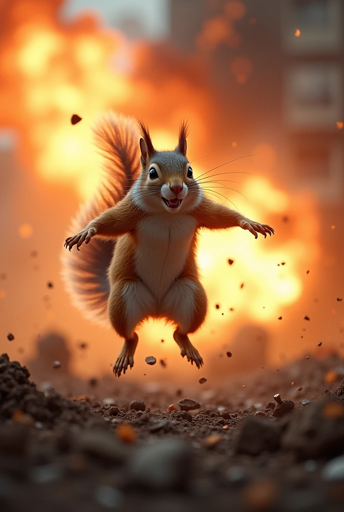 Squirrel jumping in explosion 