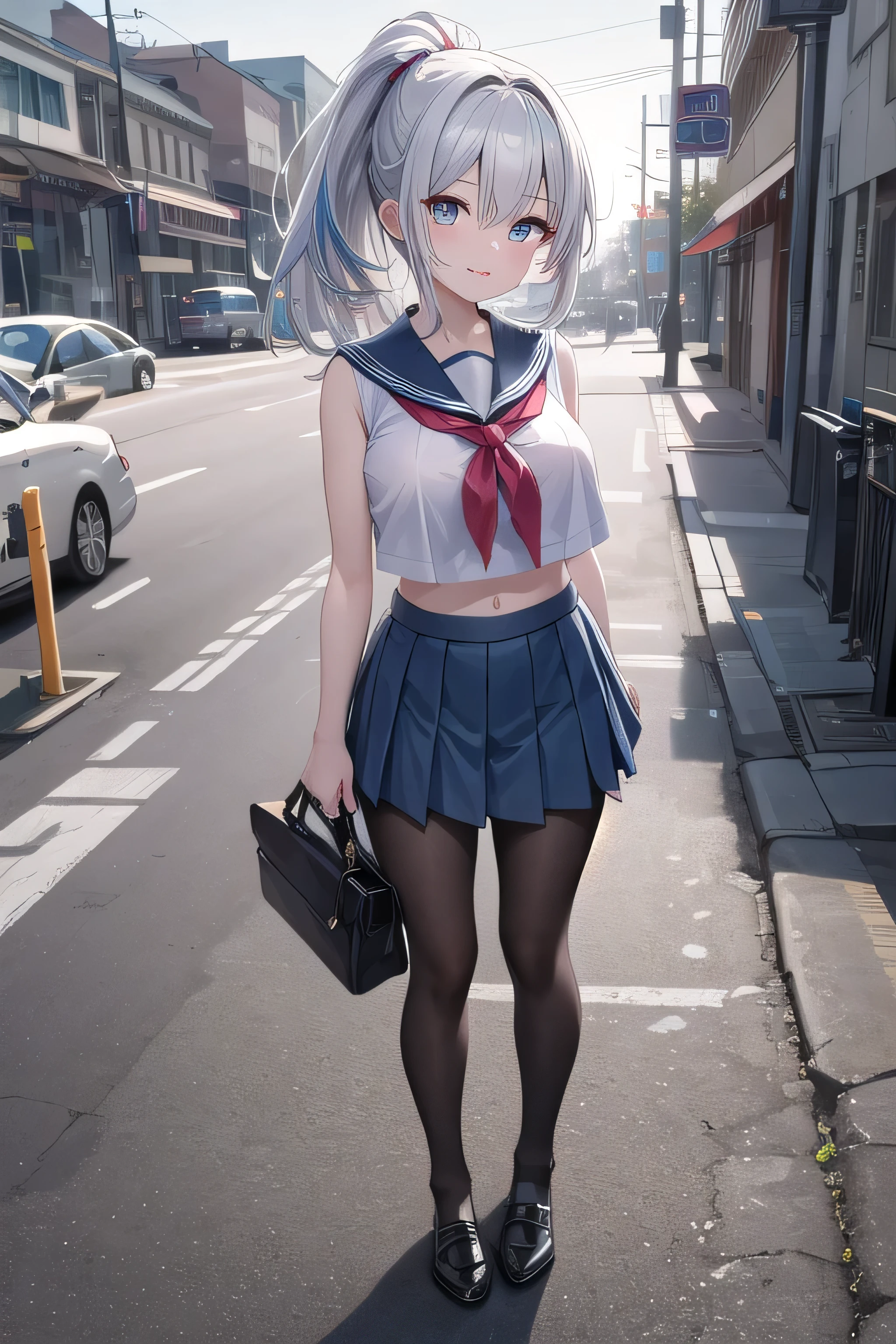 最high quality、high quality、best image quality、8K、最High resolution、High resolution、最high quality、masterpiece、whole body photos、 skin in every detail、 face in every detail、 eyes in every detail、 lips in every detail、 teeth in every detail、 ears with attention to detail、 hair with detailed details、arms with attention to detail、 hands with attention to detail、 fingers with attention to detail、 (fine hands、thumb1reference4)、 legs with attention to detail, feet with attention to detail, 8k, ultra HD, sharp focus, details hair, beautiful hair, details face, beautiful detail eye, details pupil, perfect hand, vibrant colours, soft lighting, best quality,4k,highres,masterpiece:1.2, ultra-detailed, portraits, HDR:1.1, vivid colors:1.1, studio lighting, bokeh, highly saturated colors, detailed background, subtle shadows, ethereal glow, pastel color palette, delicate details, sublime beauty, feminine charm, crisp focus, fine brushwork, impeccable craftsmanship, emotional depth, captivating storytelling, intriguing narrative)
, impressive realism, exceptional artistry, masterpiece-worthy, awe-inspiring.
1 girl, white skin, long colour hair, random high ponytail hair, layers hair, bangs hair, beautiful girl, cute girl, sweet girl, pretty girl, perfect girl, perfect body, pretty eyes, multi coloured eyes, thin lips, (eye line, lip soft), huge breast, outdoors, smile, thigh, legs, sailor school uniform, sleeveless, crop top, blue skirt, pantyhose, full cover, standing, photo on middle fancing camera, full body,