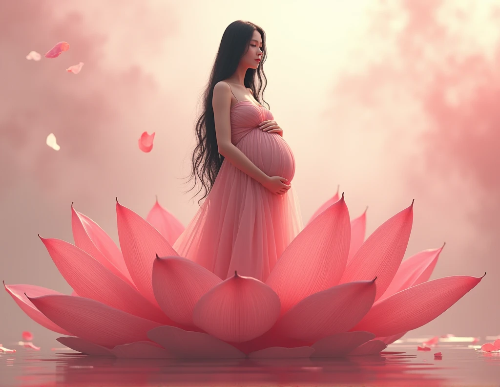 full length, black hair pregnant ,red dress , Beautiful face, dress made of red rose petals, Light pink and light white tones, Esbian Full Body, beautiful backgrouond , daylight, Efeito de Luz, Minimalistic, Solar, pure tenderness, soft lighting, Realism. beautiful woman stand on a super giant lotus with double and long petals (petals made of thin, soft transparent,streaming, fabrics, full background of flowing petals, floating flower, super flying petals, Smoke effect, Fog, some water reflaciton mixed with petals), lotus dress, ((ss-through)) full length.