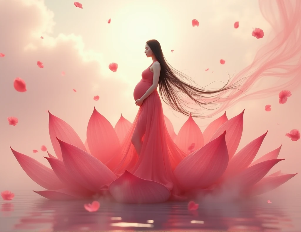 full length, black hair pregnant ,red dress , Beautiful face, dress made of red rose petals, Light pink and light white tones, Esbian Full Body, beautiful backgrouond , daylight, Efeito de Luz, Minimalistic, Solar, pure tenderness, soft lighting, Realism. beautiful woman stand on a super giant lotus with double and long petals (petals made of thin, soft transparent,streaming, fabrics, full background of flowing petals, floating flower, super flying petals, Smoke effect, Fog, some water reflaciton mixed with petals), lotus dress, ((ss-through)) full length.