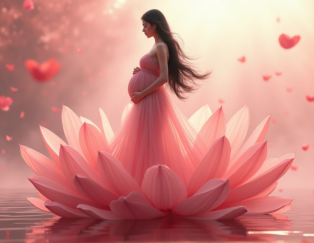 full length, black hair pregnant ,red dress , Beautiful face, dress made of red rose petals, Light pink and light white tones, Esbian Full Body, beautiful backgrouond , daylight, Efeito de Luz, Minimalistic, Solar, pure tenderness, soft lighting, Realism. beautiful woman stand on a super giant lotus with double and long petals (petals made of thin, soft transparent,streaming, fabrics, full background of flowing petals, floating flower, super flying petals, Smoke effect, Fog, some water reflaciton mixed with petals), lotus dress, ((ss-through)) full length.