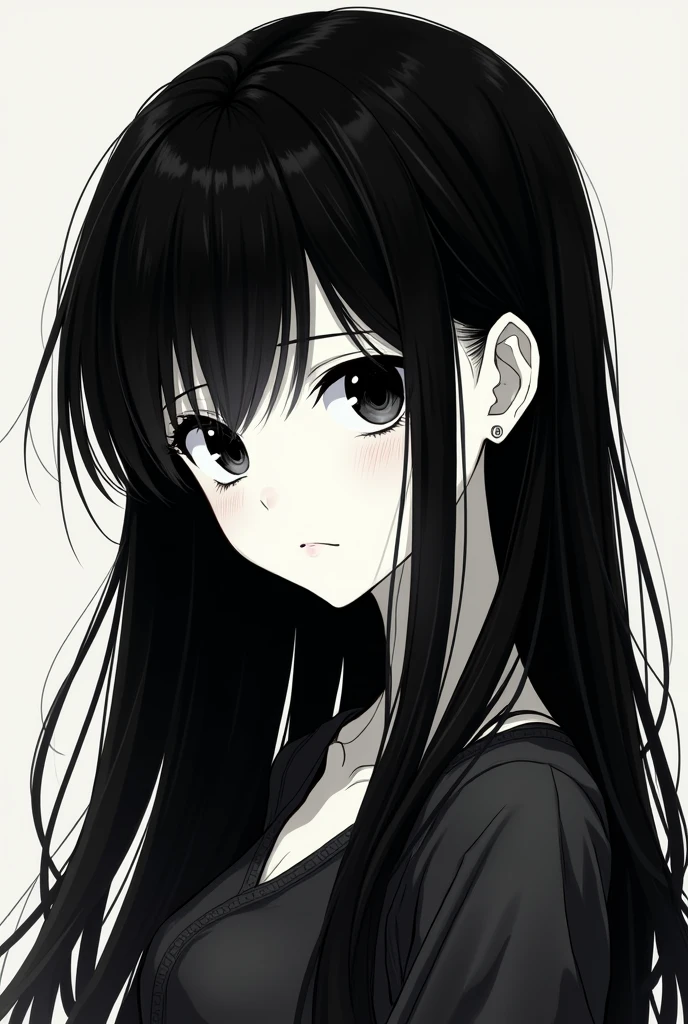 black hair girl, black eyes anime style 2d to black and white