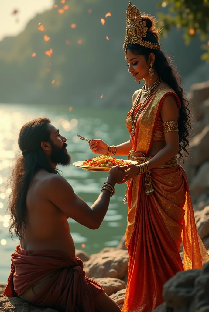 Cool cinematic animated character art, Silhouette of indian godess of food Annapoorna giving food in a golden plate to a poor male beggar with long hair and rugged look, beggar bowing in respect, godess wearing Gold and red saree, golden jewellery, ancient golden crown, smiling expression, glowing particles in atmosphere, river Ganga in background, early morning, darkness in atmosphere, mysterious vibe, colour graded, vibrant, 4khd