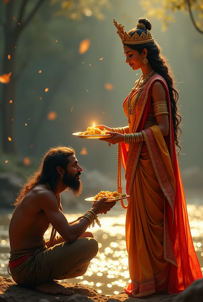Cool cinematic animated character art, Silhouette of indian godess of food Annapoorna giving food in a golden plate to a poor male beggar with long hair and rugged look, beggar bowing in respect, godess wearing Gold and red saree, golden jewellery, ancient golden crown, smiling expression, glowing particles in atmosphere, river Ganga in background, early morning, darkness in atmosphere, mysterious vibe, colour graded, vibrant, 4khd