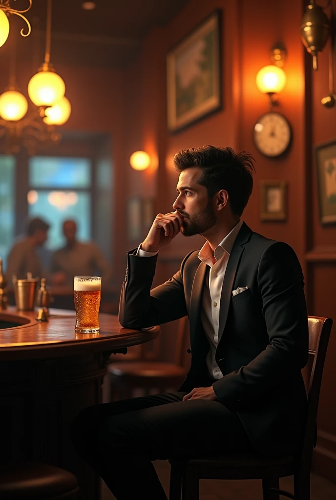 Person in a bar with a beer.