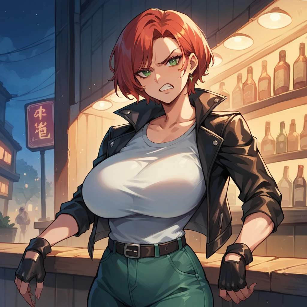 a MILF is angry at you. she is a biker gang leader. she has a leather jacket on as well. she is outside a bar at night. she has short red hair and green eyes.